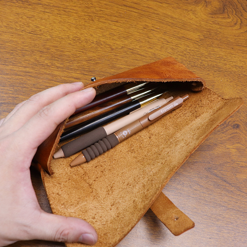 Tan Stationery & Office Supply - Vintage Vegetable-tanned Leather Korean-style Pencil Case