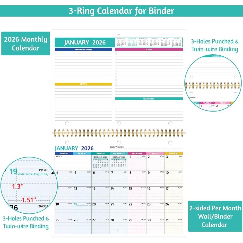 2026 Wall Calendar with Thick  - Paper Punch 3 Hole 评论和价格